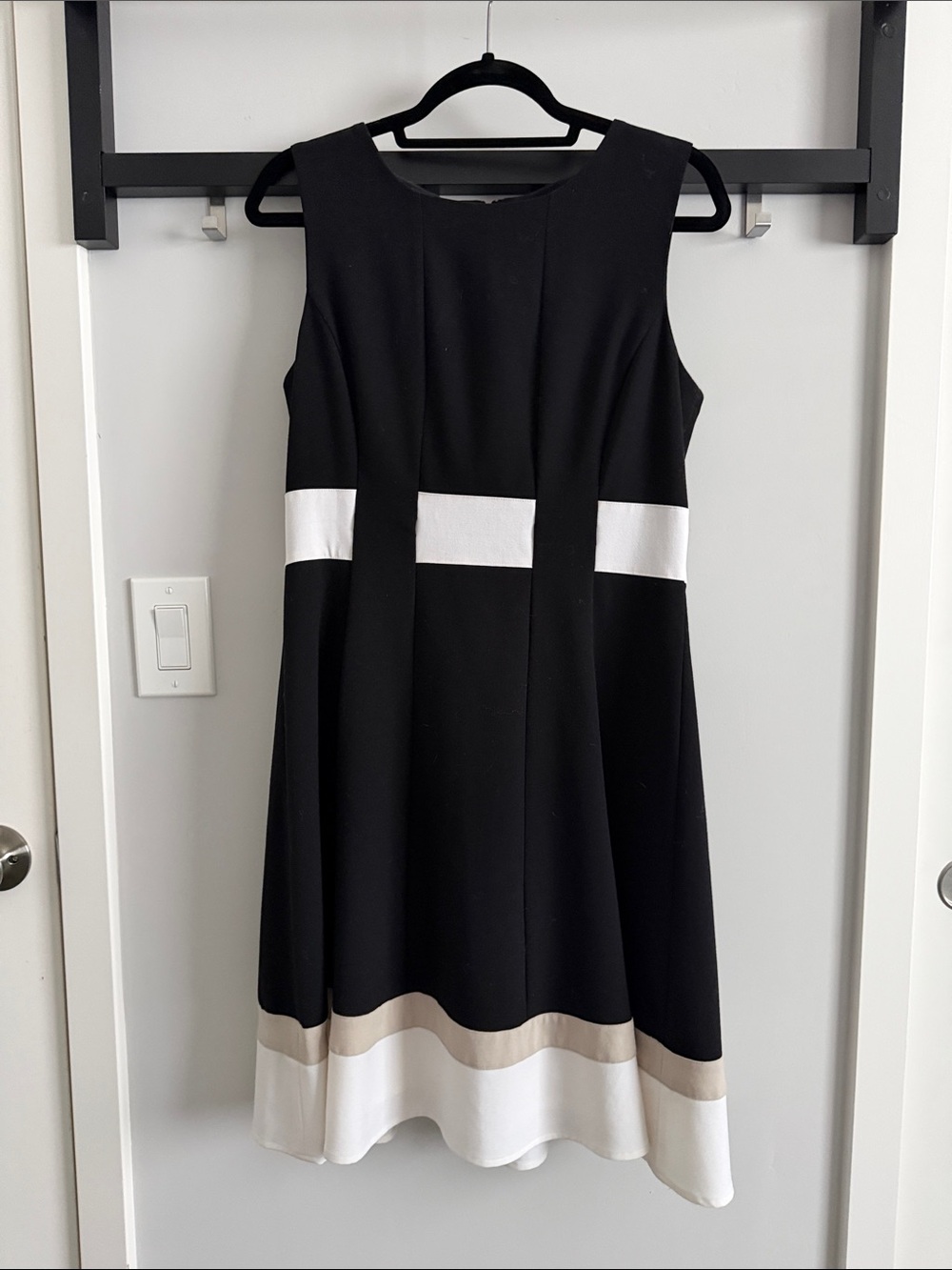Calvin Klein Sleeveless Black Midi Dress with White and Tan Hem Accent